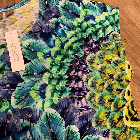 CHICO’S SCOOP NECK SLEEVELESS TOP FEATHER FANS PATTERN FLORAL PURPLE GRE… - Picture 2 of 12